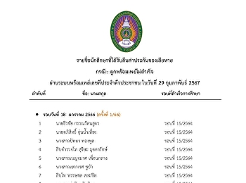ประกาศรายชื่อผู้สำเร็จการศึกษาที่ได้รับคืนเงินค่าประกันของเสียหาย
ในวันที่ 29 กุมภาพันธ์ 2567