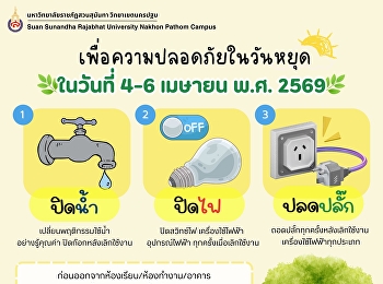 หยุดยาวนี้ขอความร่วมมือหน่วยงาน/วิทยาลัย
ตรวจสอบการ ปิดน้ำ ปิดไฟ
ถอดปลั๊กหลังเลิกงาน
เพื่อความปลอดภัยของพวกเราทุกคนนะคะ